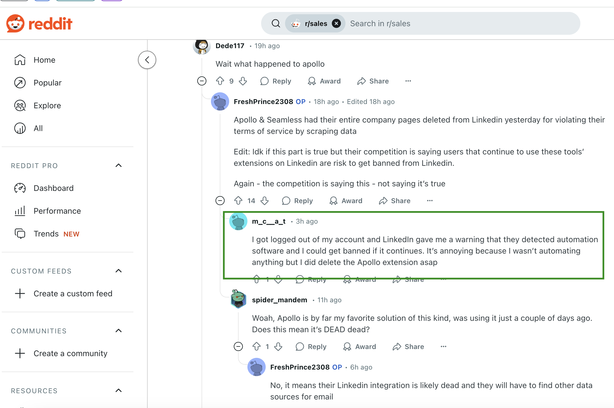 Apollo banned from LinkedIn Reddit ZenABM