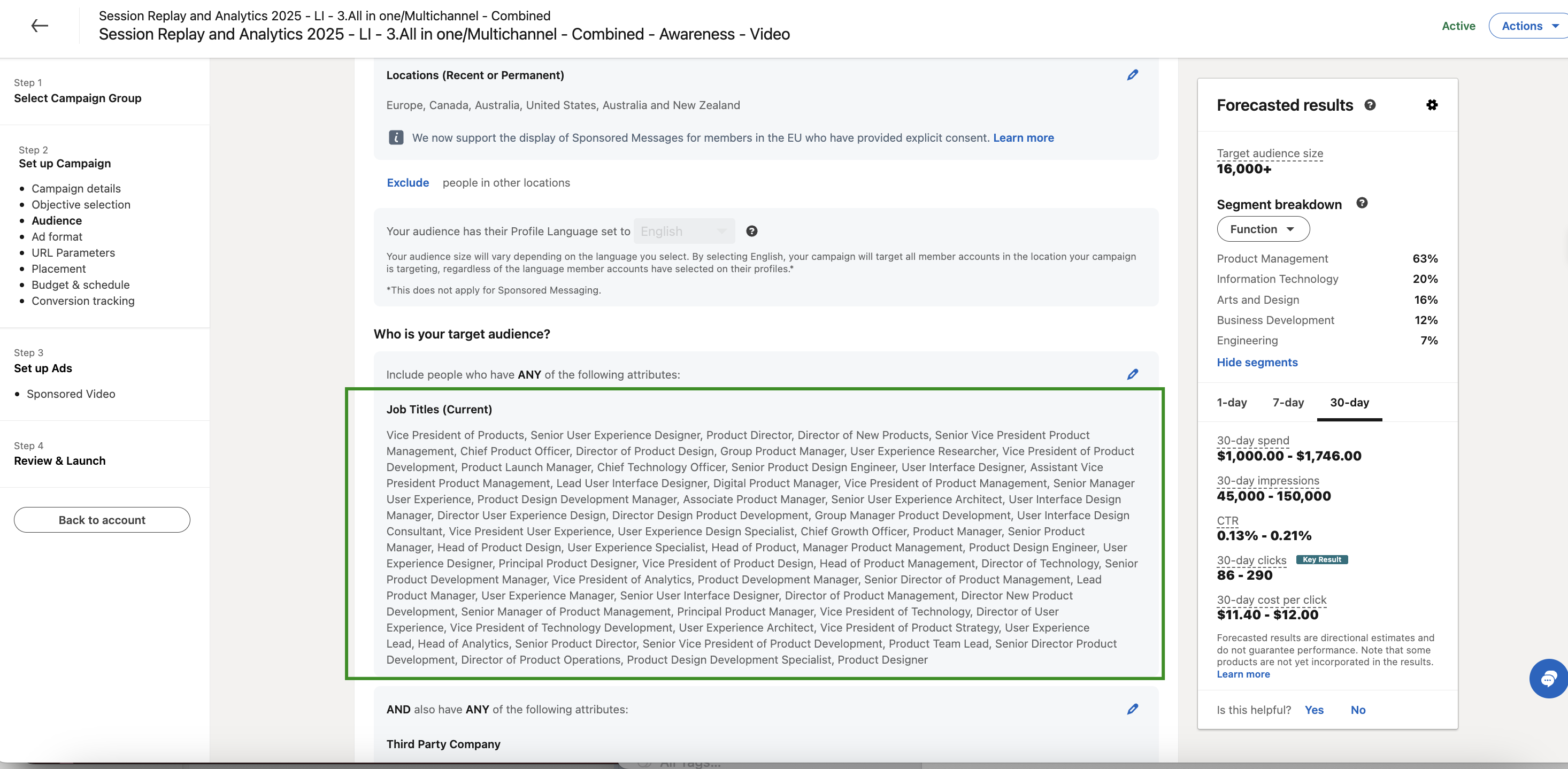 Job titles LinkedIn ads