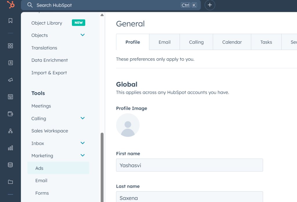 Click on marketing on the right panel and select ads to open your HubSpot ads tool