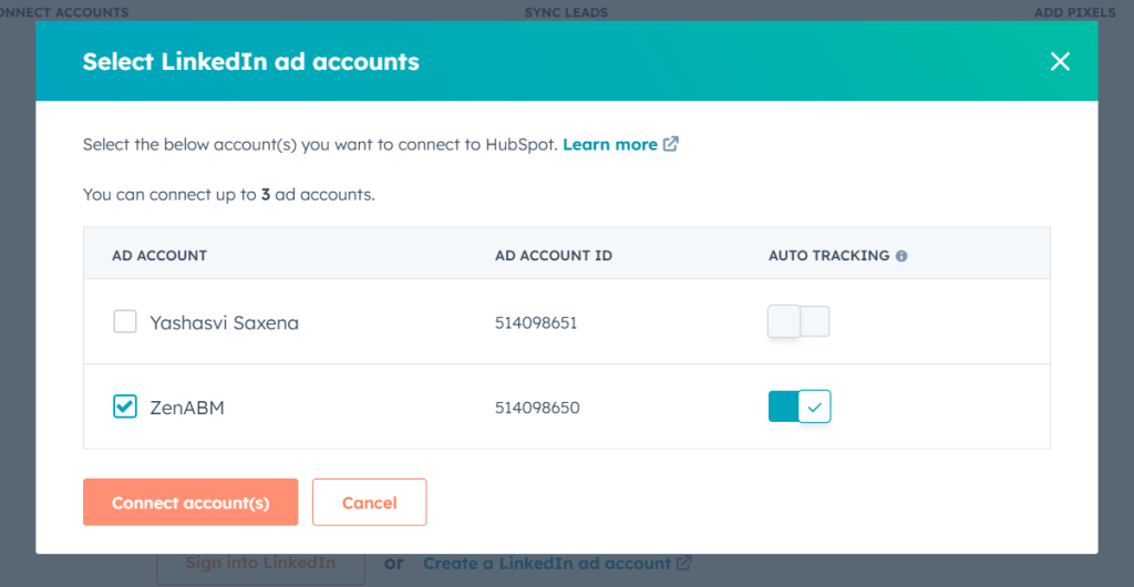 Choose the LinkedIn account and turn auto-tracking on if you want to sync leads automatically from LinkedIn ads to HubSpot ads tool