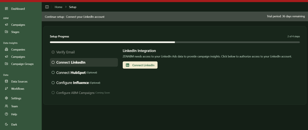 connect to LinkedIn in ZenABM