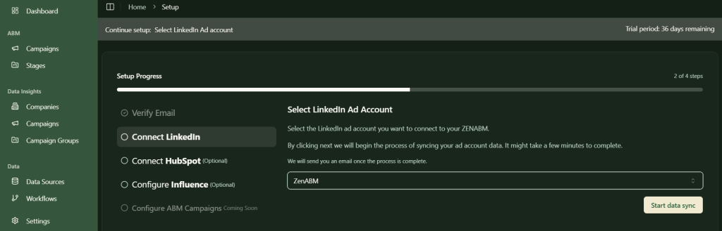 selecting your specific LinkedIn ads account while connecting your LinkedIn ads with HubSpot using ZenABM