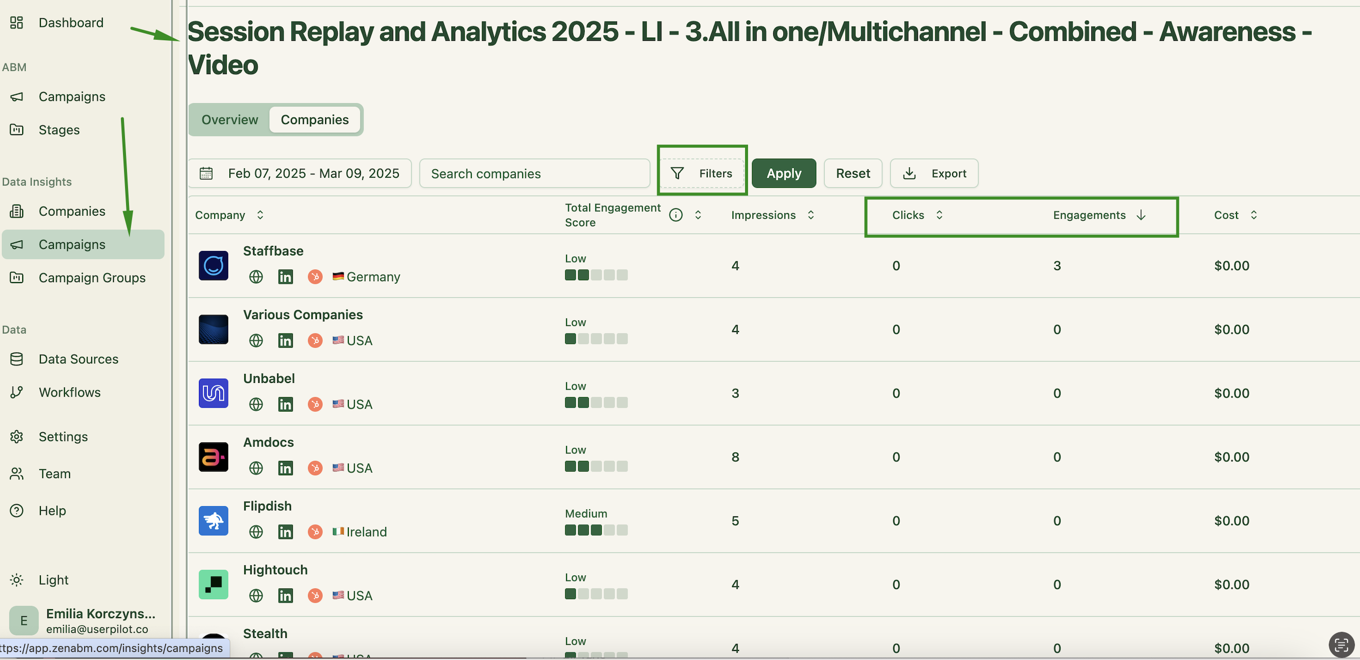 ZenABM campaigns tab search