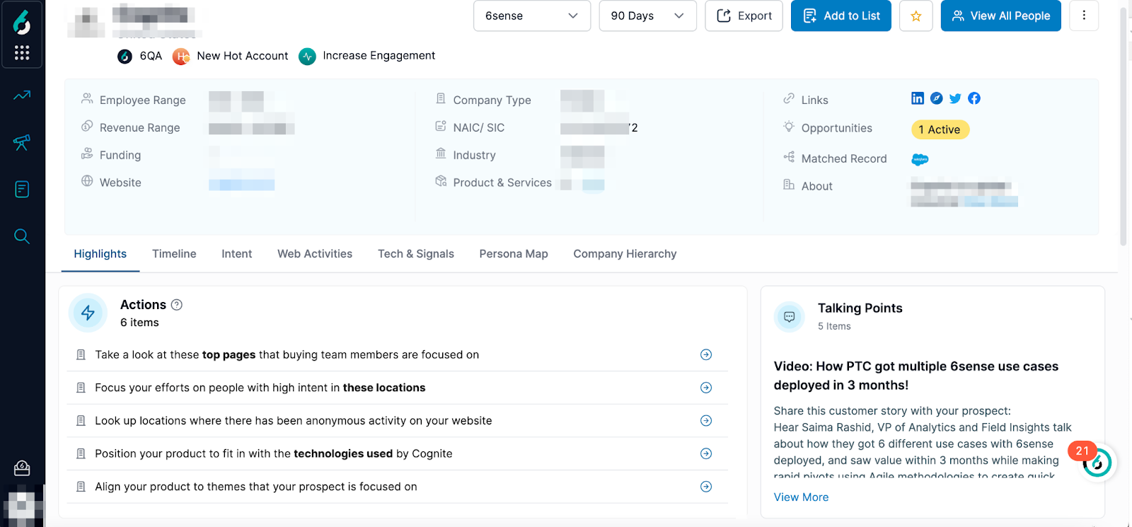Revenue AI in 6sense showing account highlights