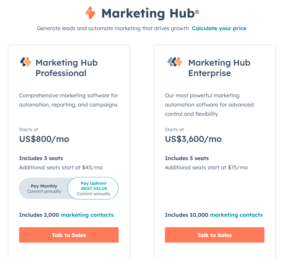 HubSpot pricing tiers that include attribution features