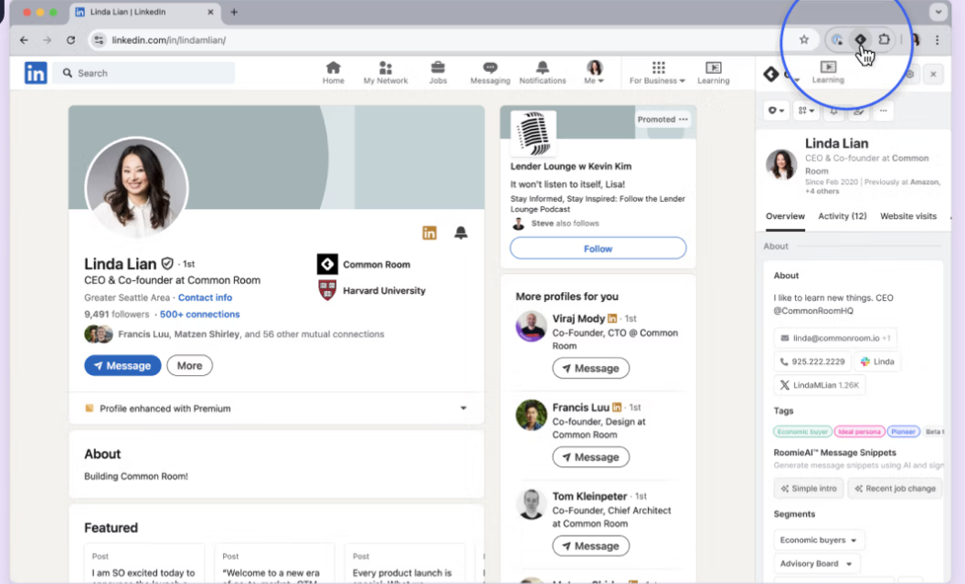 CommonRoom Chrome extension adds LinkedIn profiles to lists in one click