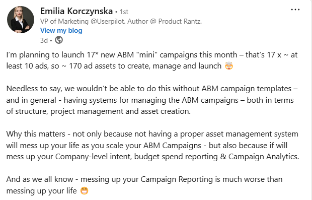Emilia Kockzynska's LinkedIn post where she talks about the dire need of templates to store your 100s of ABM ad creatives