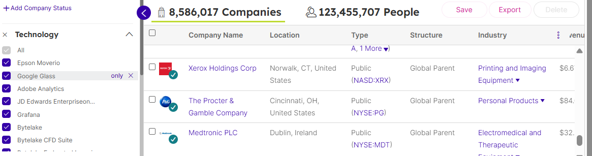 Technographic filter in Demandbase