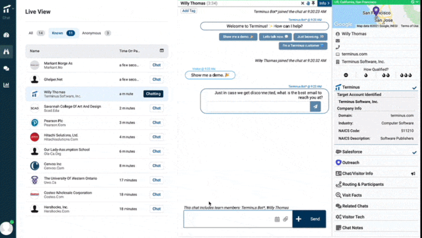 Terminus lets your sales reps run your chatbot natively to capture leads as soon as they land on your site