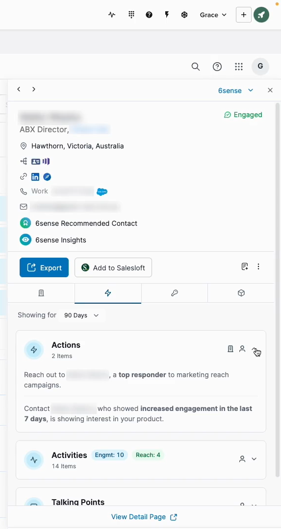 Outreach-related actionable insights for sales teams within Salesloft using 6sense integration. Source: 6sense