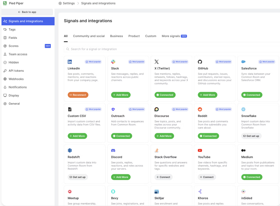 Data aggregation and enrichment using signals and integrations in CommonRoom