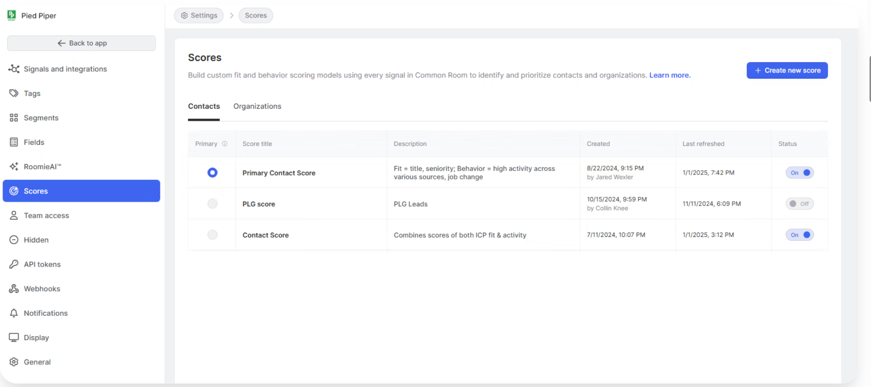 Configuring contact and organizational scoring models in Common Room.