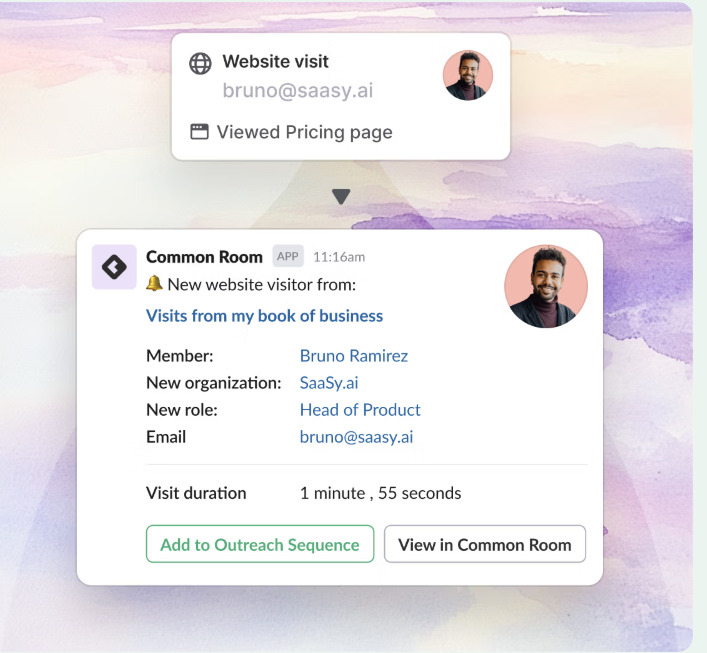 Automated notifications in slack or email when a prospect goves any buying signal like visiting a specific website page.
