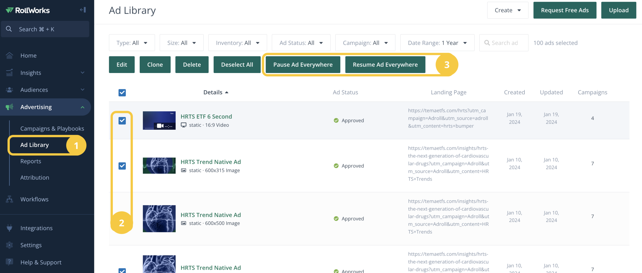 Ad library in RollWorks for managing ad assets and tweaking them while the campaign is live