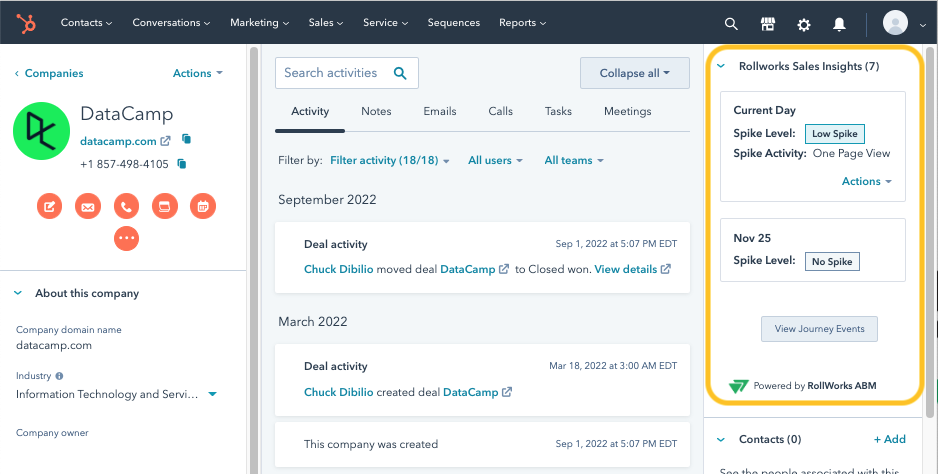 CRM widget provided by RollWorks for Sales teams