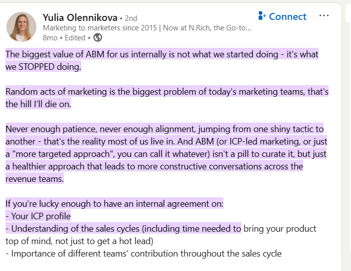 Yulia Olennikova talks about how ABM difts away from random shiny tactics and that is the very reason of its success in generation a high quality pipeline.