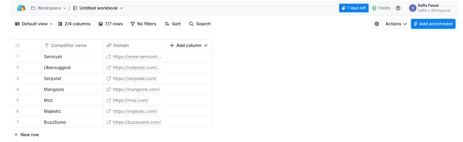 Start with a Clay table with competitor URLs