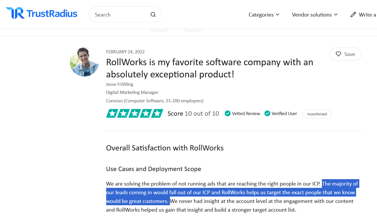 Jesse Frohling, digital marketing manager at Convoso, says that RollWorks helps them separate leads that match their ICP from the huge number of random leads they get now and then.