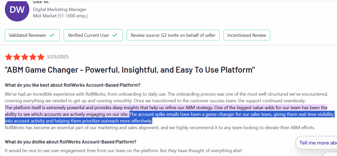 Dex W, a digital marketing manager says that account engagement spike alerts by RollWorks have been a game-changer for his sales team