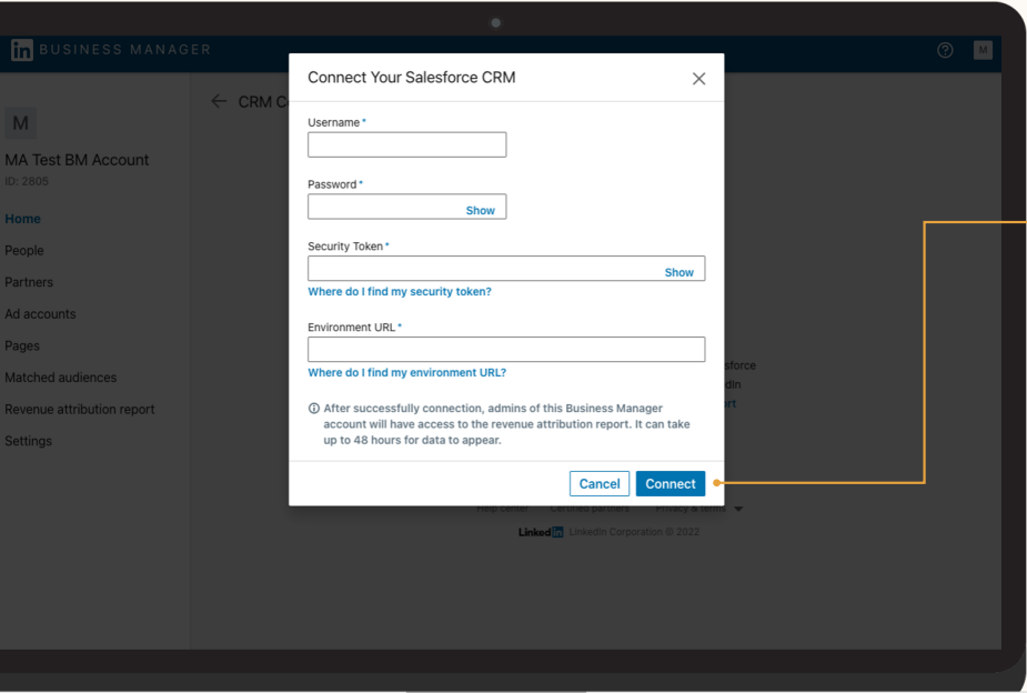 Provide credentials for connecting the CRM to Business Manager