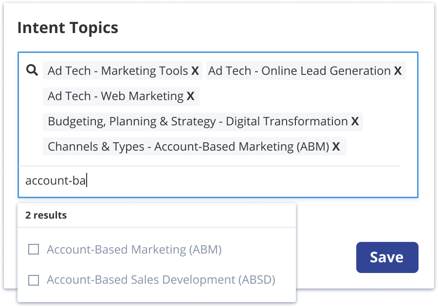 You can choose your preferred intent keywords or topics from the vast repository of keywords tracked by RollWorks