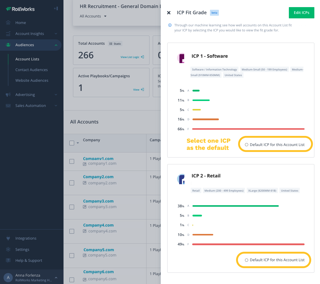 You can define multiple ICPs and use different ICP definition for fit grade scoring for different lists in RollWorks