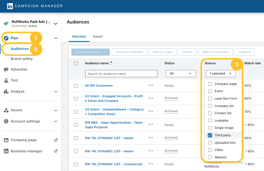 You can push audiences from RollWorks as TALs for ad platforms like LinkedIn