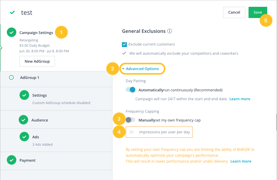 how to set frequency caps for accounts in RollWorks