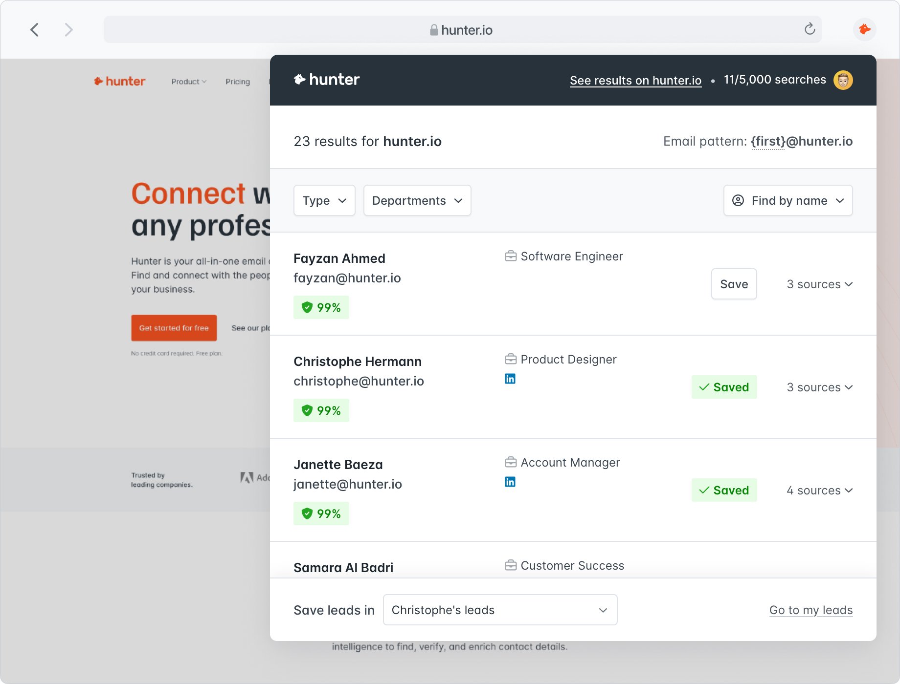 Hunter.io's Chrome Extension serves as a free enrichment tool for ABM teams and helps them find company details and leads' emails on the go while browsing. 