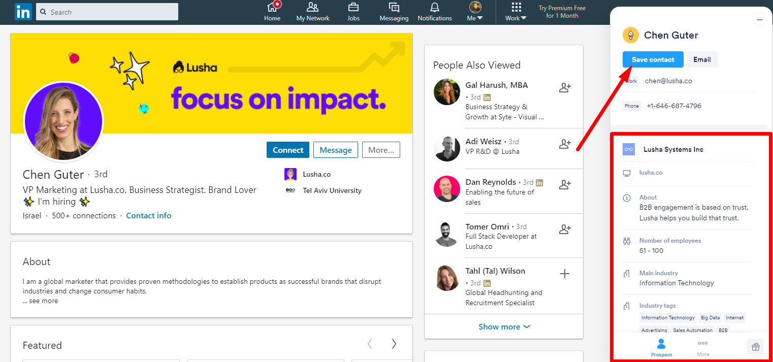 Lusha enrichment widget in LinkedIn