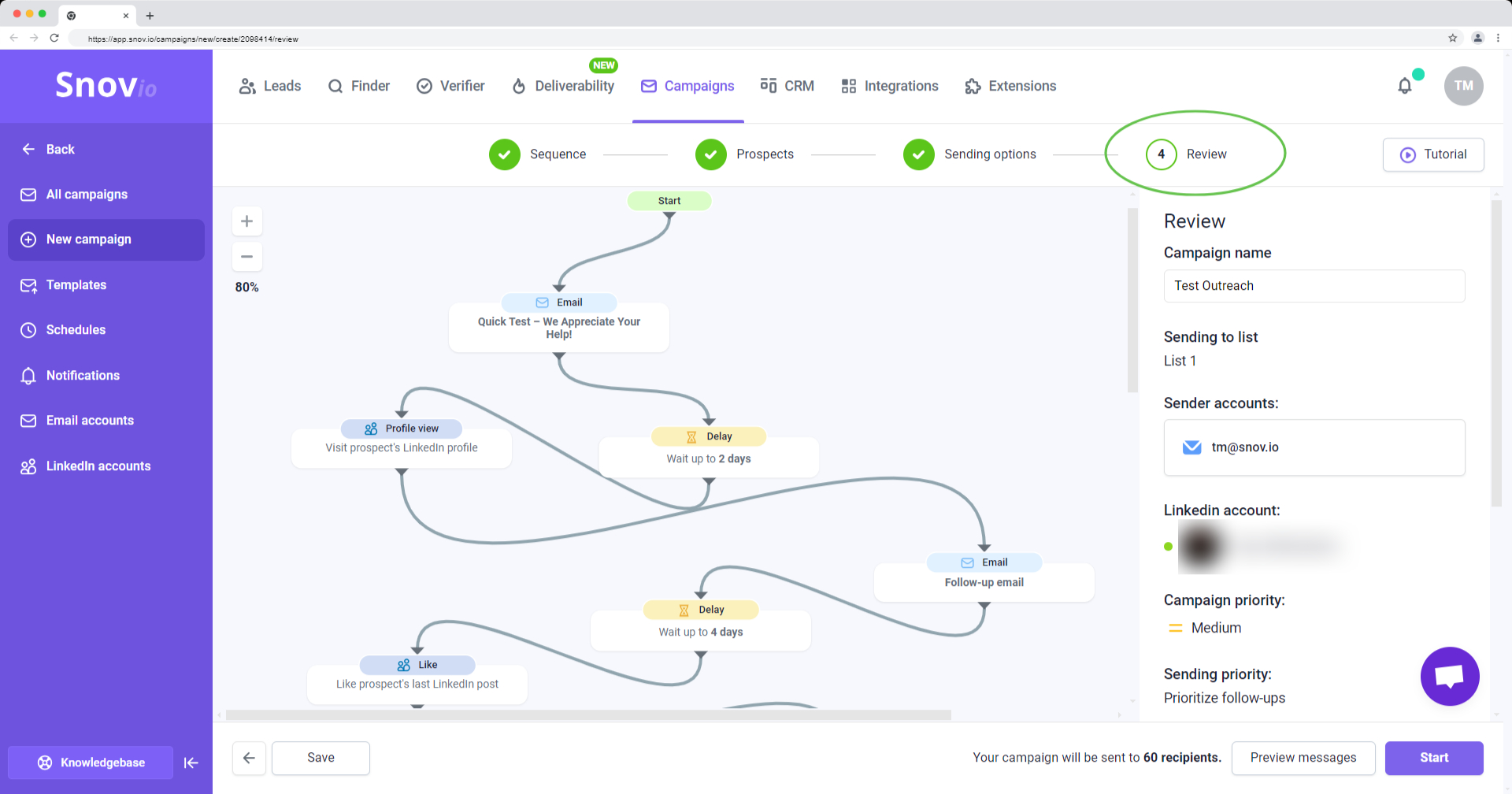 Multi-channel marketing campaign automation workflows in Snov.io