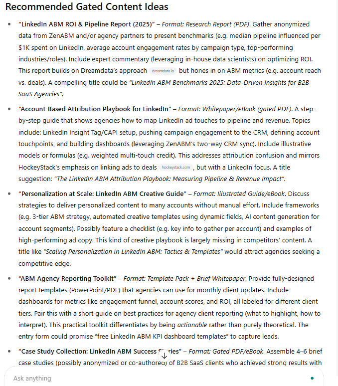 Gated content ideas for ABM recommended by ChatGPT on analyzing my site and product positioning