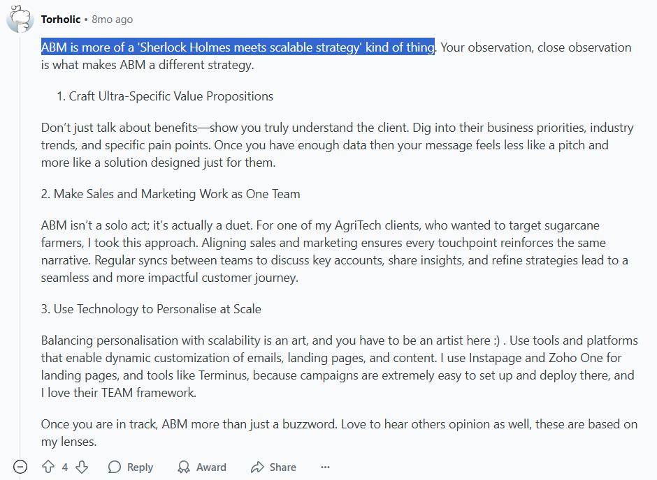 One ABM pro on Reddit says enterprise ABM is about being Sherlock Holmes with a scalable strategy.