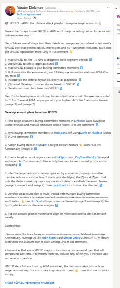 Wouter Dieleman's LinkedIn post that talks about using SPICED strategy on different personas for ABM