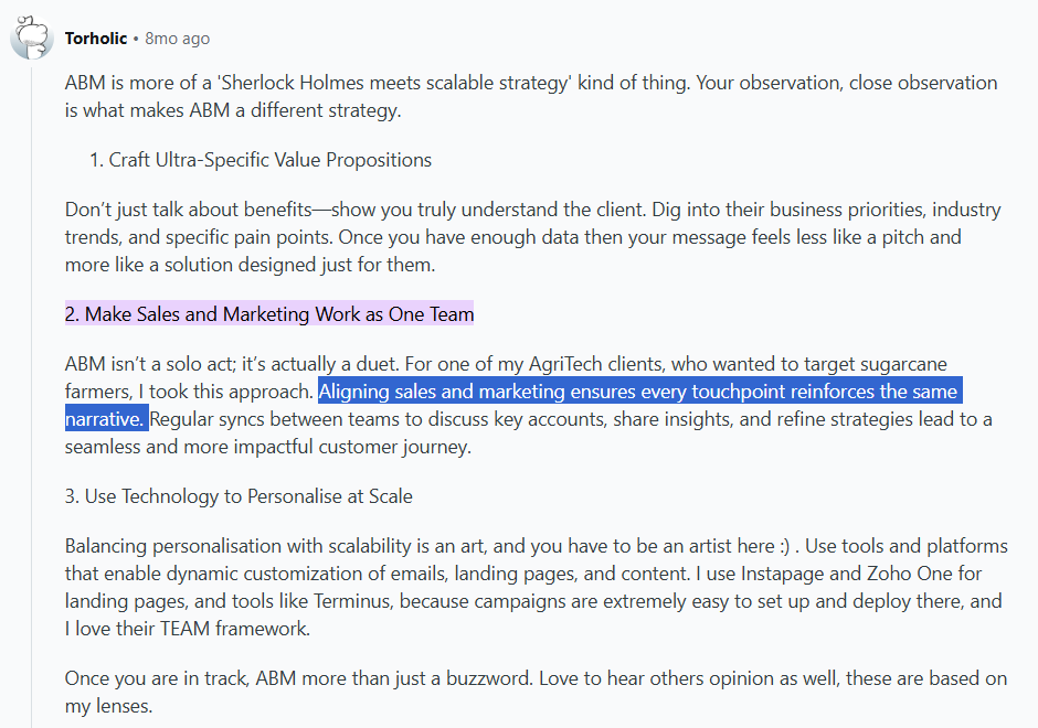 An ABM expert on reddit emphasizes that all your channels and teams should portray the same narrative and not contradict each other while targeting enterprise accounts.