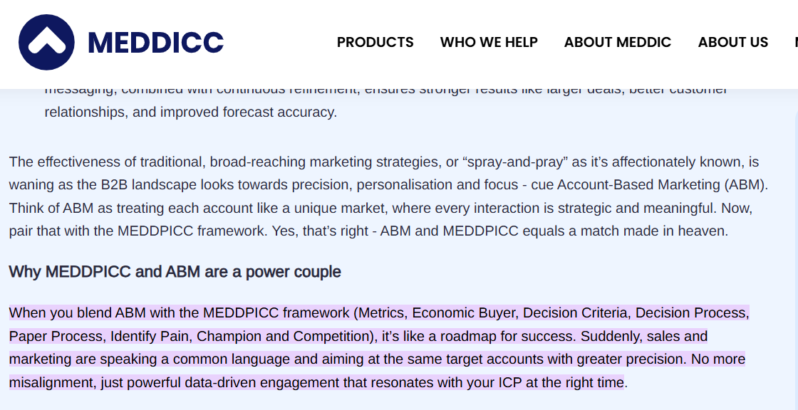 Jen Collins at MEDDICC.com argued that blending ABM with MEDDPICC is a “match made in heaven” – “suddenly, sales and marketing are speaking a common language and aiming at the same targets with greater precision.”