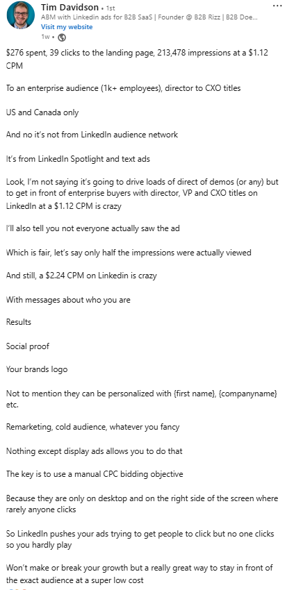 Tim Davidson suggests that LinkedIn's text ads and spotlight ads are extremely significant to his ABM strategy template as they generate a huge number of impressions for a very low CPM