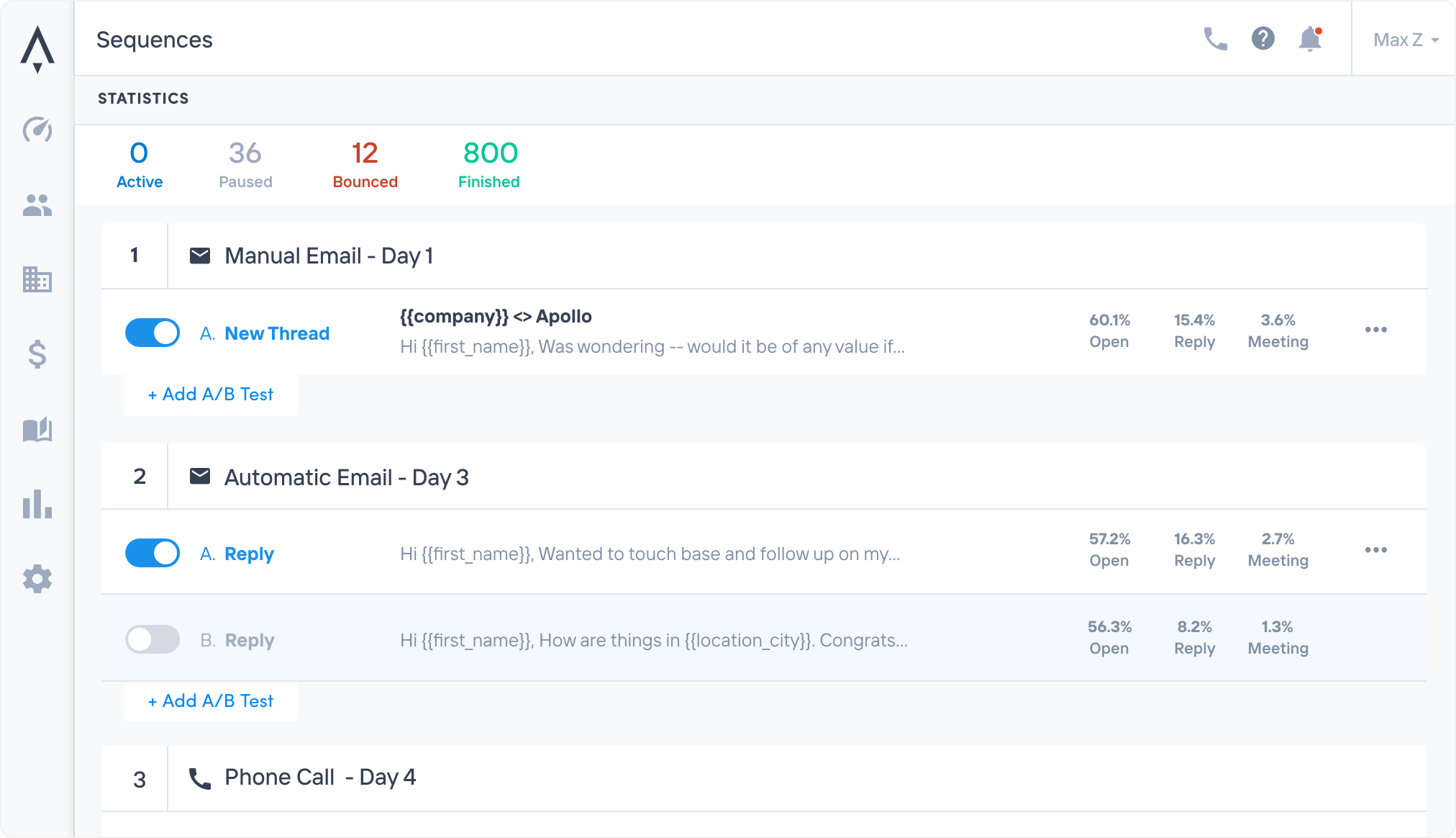 Email sequence builder in Apollo.io