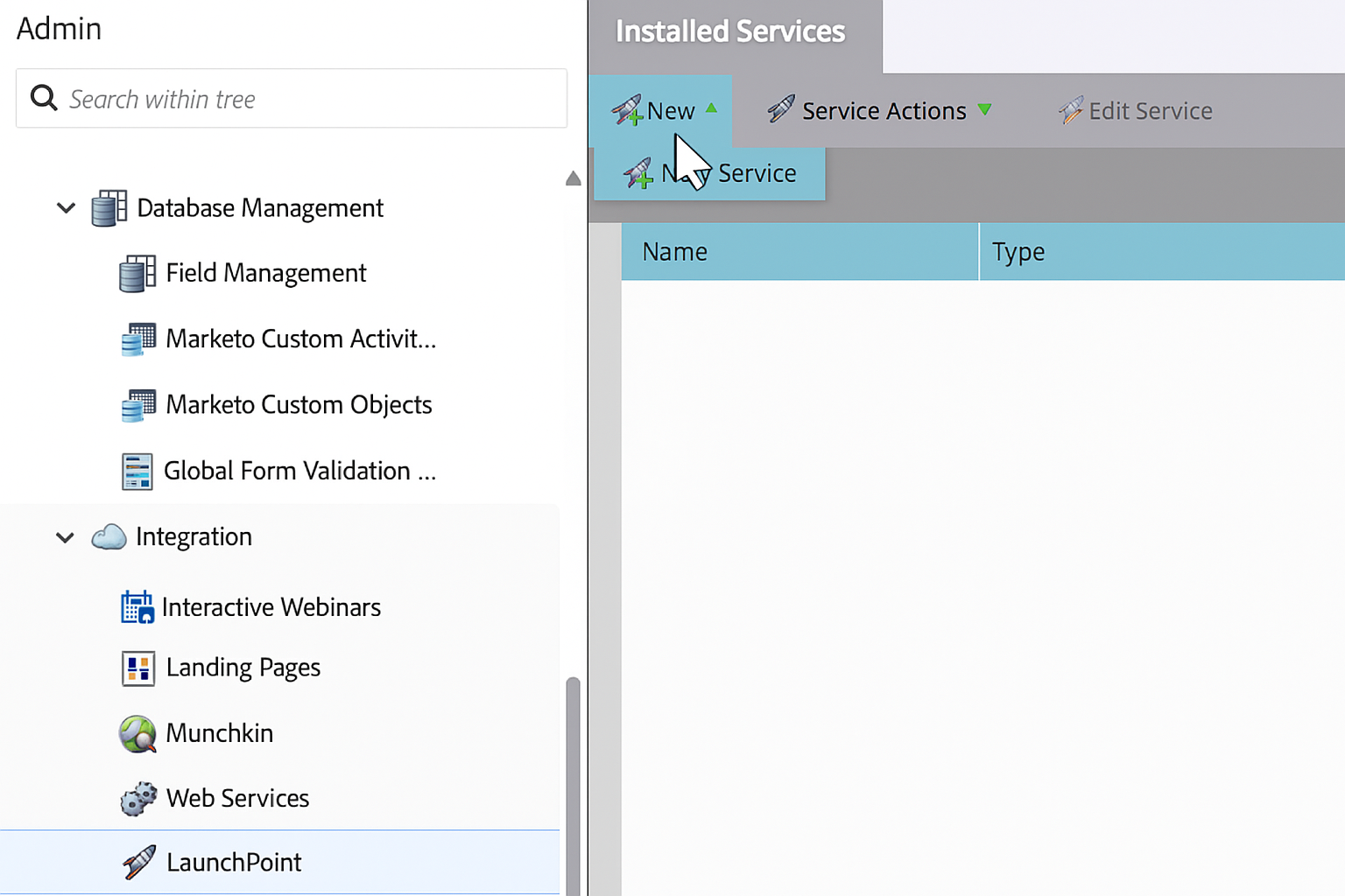 Select LinkedIn lead gen forms as the new service in Marketo