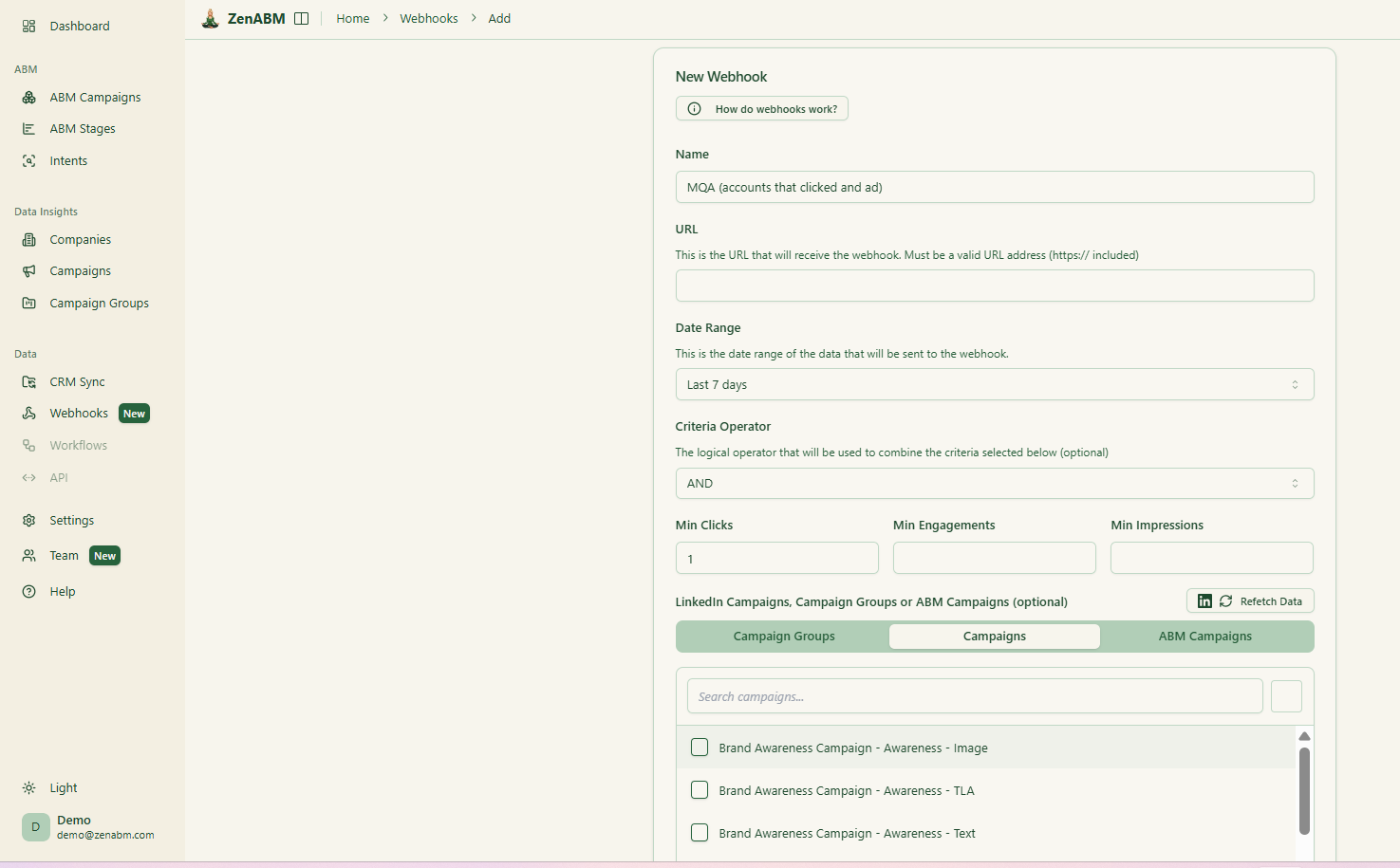 ZenABM's webhook configuration