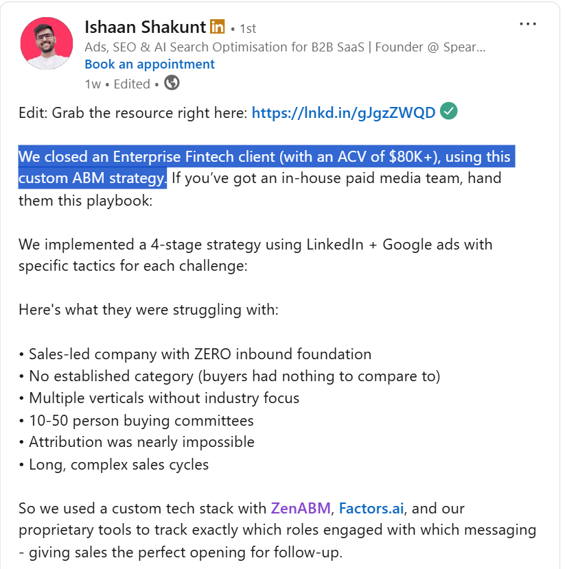 Ishaan Shakunt's post where he talks about how he shared an ABM ads strategy pitch that uses ZenABM and won a huge client. 