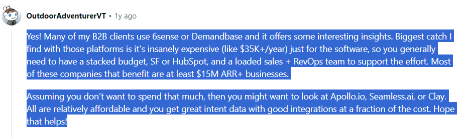 Reddit expert says 6Sense is much more than just an intent-based ABM tool and might be an overkill for smaller businesses