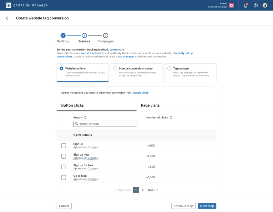 website tag conversions in LinkedIn